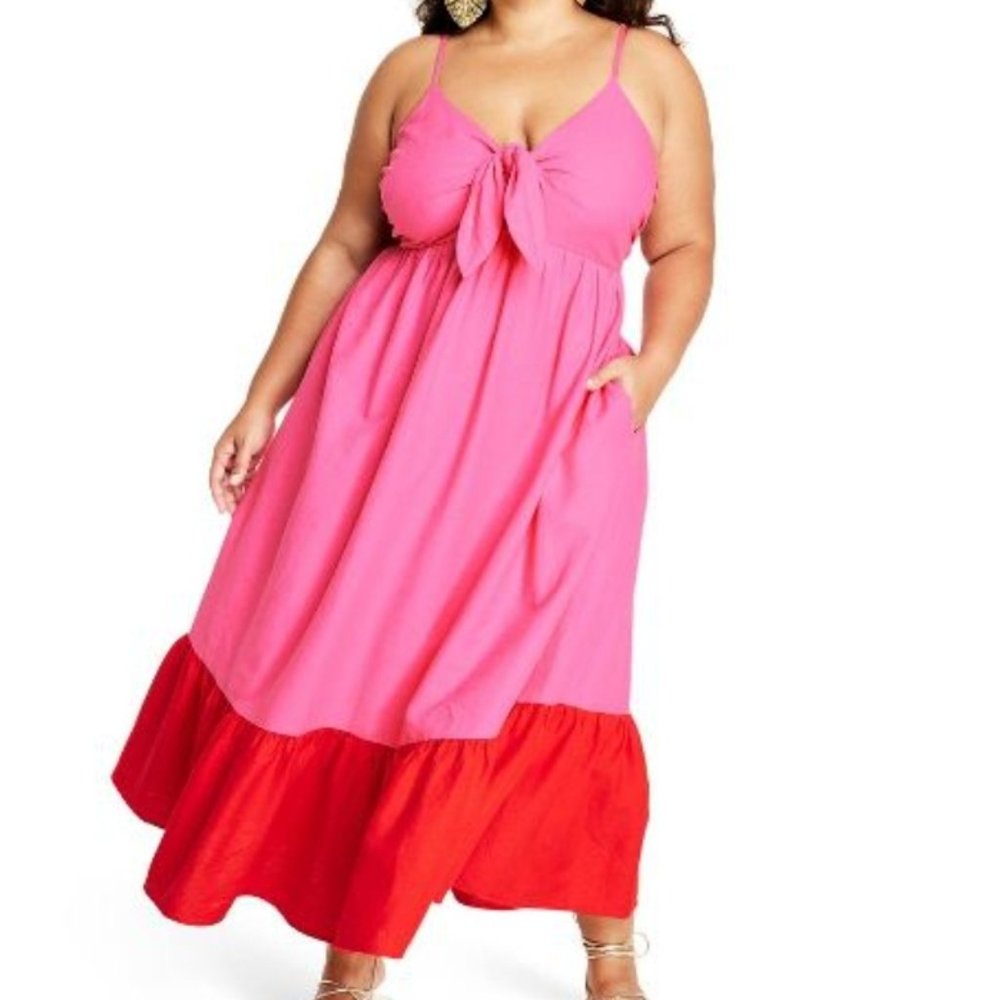 RARE: Pink & Red tie front plus midi dress
